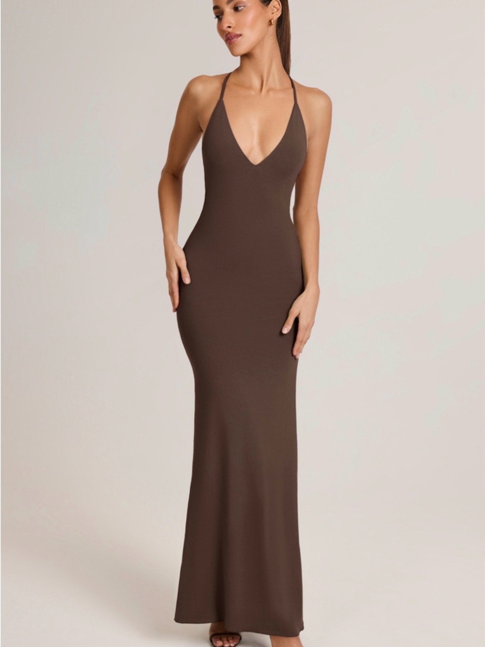 Sleek Brown Halter Maxi Dress